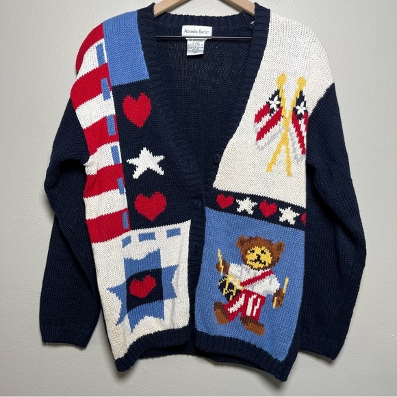 Vintage 90s‎ School Teacher Cardigan Sweater Medium Oversized Blue American Bear - Picture 1 of 12